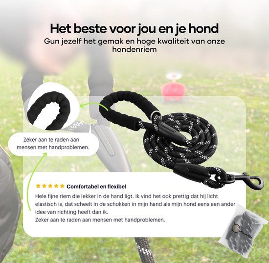 Poignée confortable et rembourrée d'une laisse pour chien noire avec des points réfléchissants. Convient aux mains sensibles.