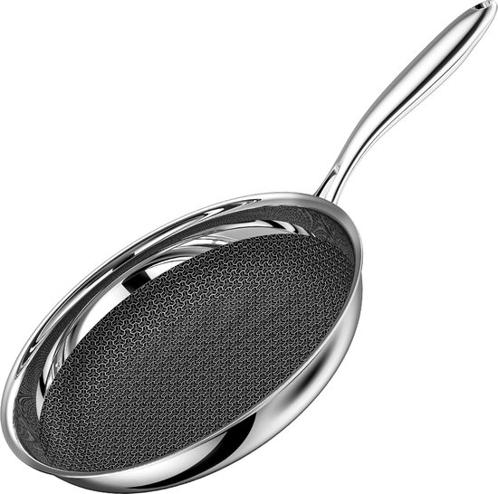 W&H Pannenset, 3-delig, roestvrij staal, koekenpannen 24, 26, 28 cm met honingraatstructuur en afneembare handgreep, anti-aanbakpannen voor koken, braden en stoven, geschikt voor alle warmtebronnen