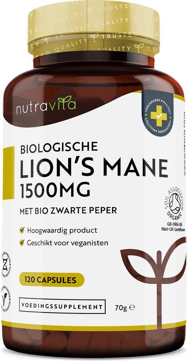 Goedkoopste Nutravita Biologische Lion's Mane Paddenstoel 1500mg - 120 Vegan Pruikzwam capsules van hoge sterkte (geen poeder) - Lions Mane supplement met biologische zwarte peper