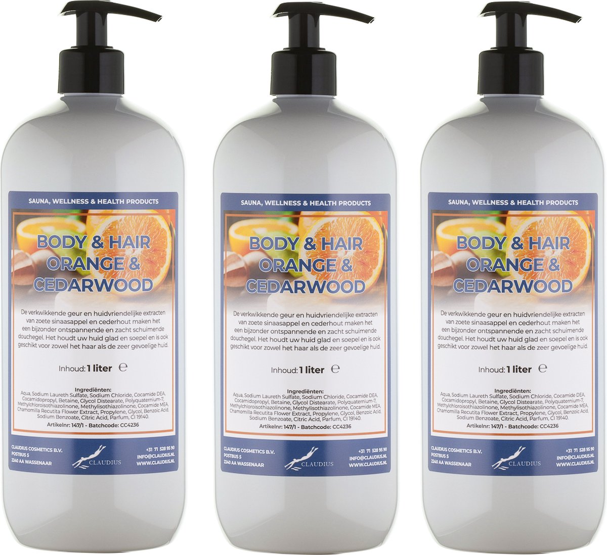 Goedkoopste Body & Hair Sweet Orange & Cedarwood 1 liter - set van 3 stuks - met gratis pomp - 2 in 1 voor lichaam en haar.