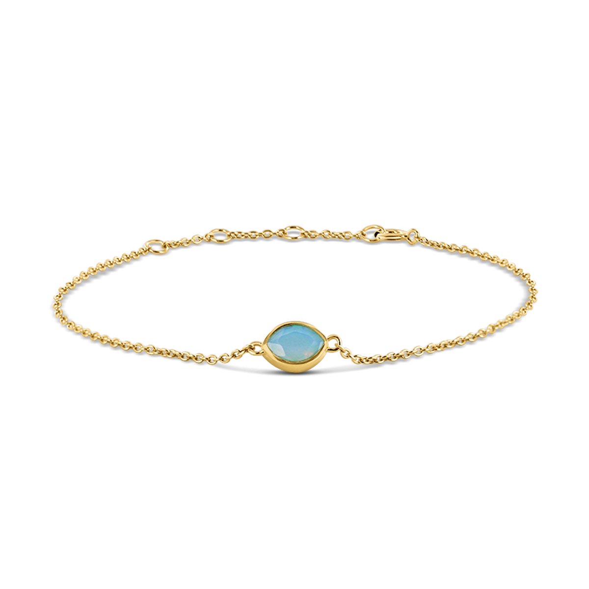 New Bling 9NB-0856 Zilveren Armband - Dames - Ovaal - Chrysophrase Bluish Stone - 8,5 x 6,5 mm - Ankerschakel - 1,3 mm - 16 + 1 + 1 + 1 cm - Zilver - Gold Plated (Verguld/Goud op Zilver)