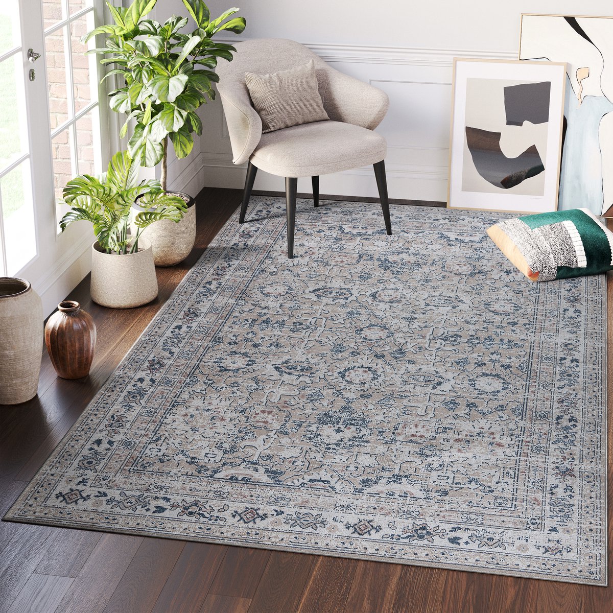 Tapiso Ritz Vloerkleed Grijs Katoen Vintage Antislip Traditioneel Tapijt Maat- 120x170