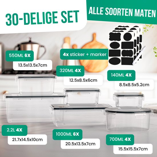 Une collection de 7 tailles différentes de boîtes de conservation transparentes, 4 autocollants et 1 marqueur. Tailles allant de 140 ml à 2,2 L.