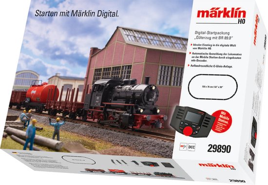 Doos met Marklin digitale startset goederentrein met serie 89.0, met afbeelding van de trein bij een fabriek.