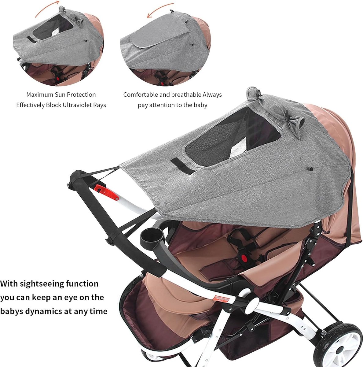 Zonnescherm voor kinderwagens universele zonwering voor kinderwagens draagbare installatie kinderwagenschaduw UV-bescherming met dakraamontwerp (grijs)