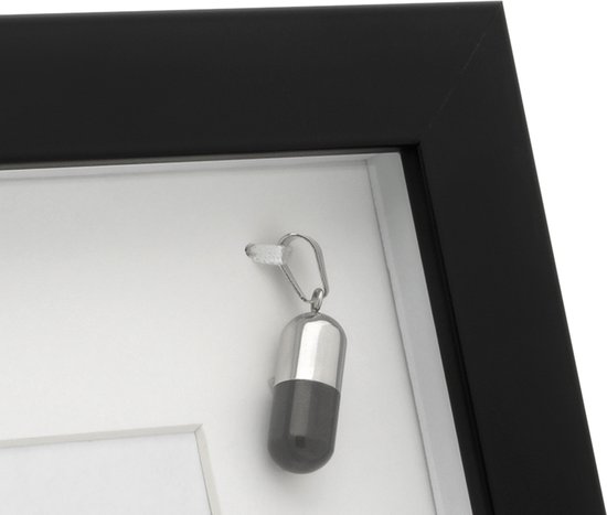 Zwarte fotolijst met een zilverkleurig capsule-vormig decoratief item eraan.