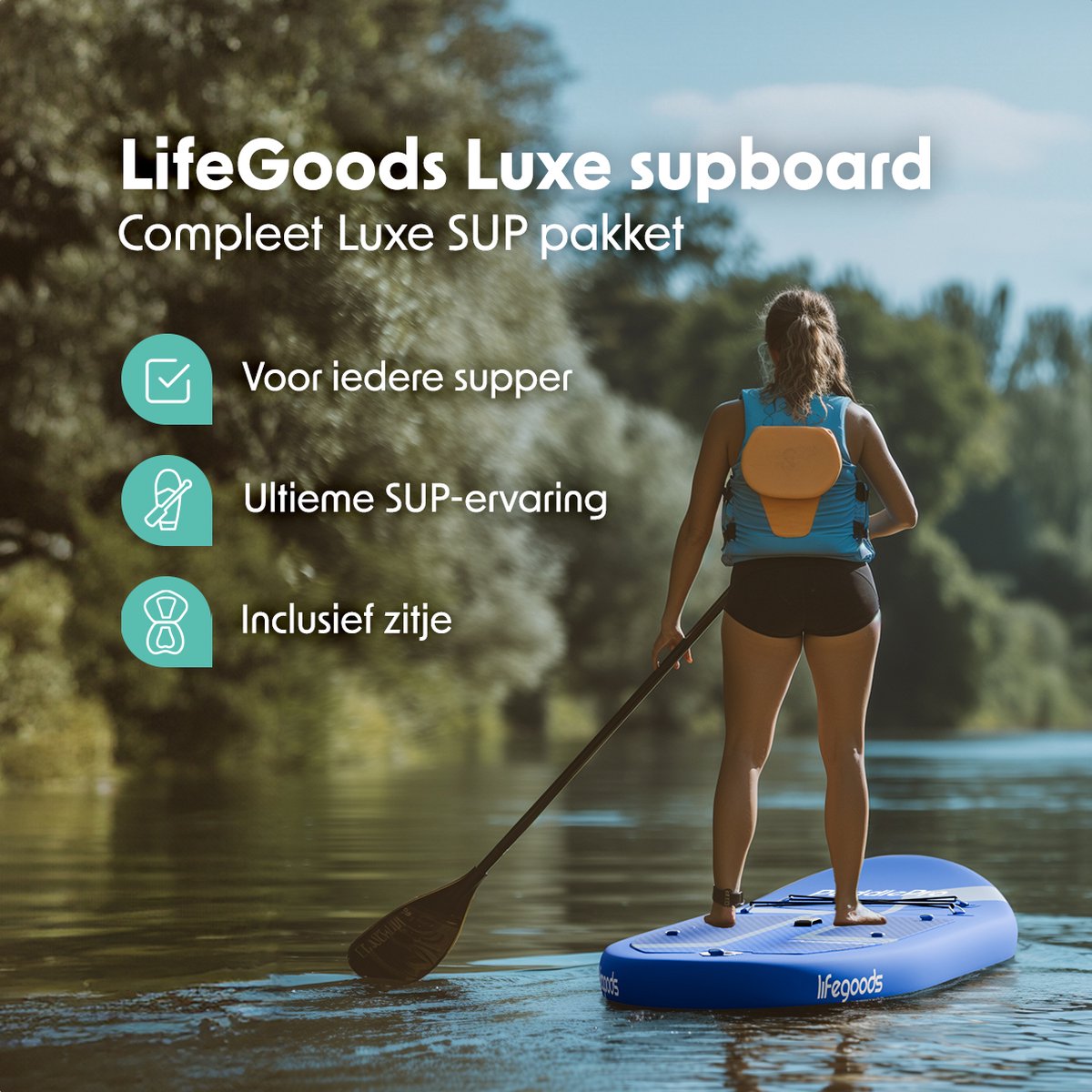 LifeGoods PaddlePro SUP Board - Luxe Set - met Zitje - Opblaasbaar Paddle Board - Max. 150KG - 320x81cm - Blauw – foto 2