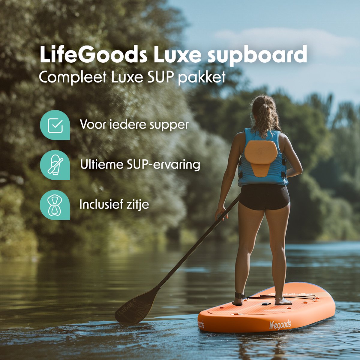 LifeGoods PaddlePro SUP Board - Luxe Set - met Zitje - Opblaasbaar Paddle Board - Max. 150KG - 320x81cm - Oranje – foto 2
