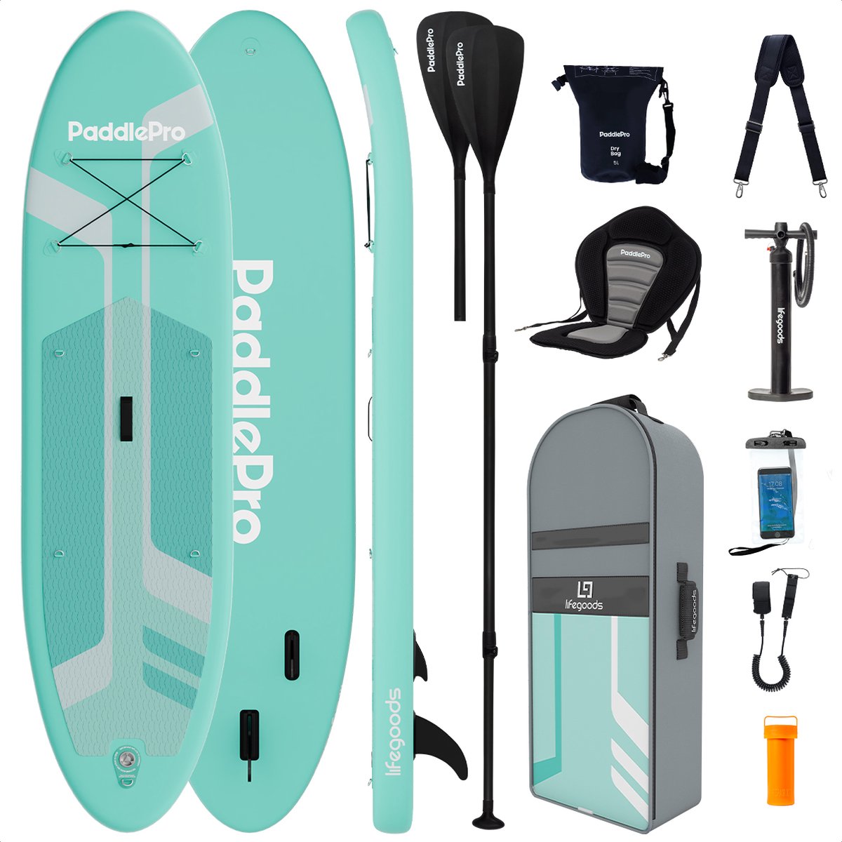 LifeGoods PaddlePro SUP Board - Luxe Set - met Zitje - Opblaasbaar Paddle Board - Max. 150KG - 320x81cm - Mintgroen