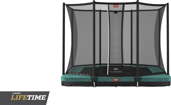 BERG Ultim Favorit InGround trampoline met groen springdoek en veiligheidsnet.
