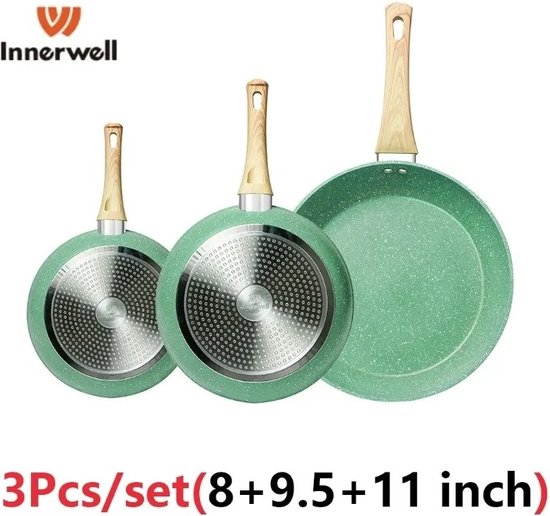Foto: Steefly ijzeren pannenset duurzaam stijlvol inductie geschikt met anti aanbaklaag set van 3 stuks kleur groen