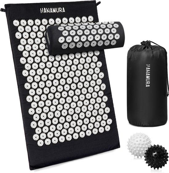 Hanamura Shakti Mat - XL Spijkermat met Kussen, Opbergzak & 2 triggerpoint ballen - Acupressuur Mat - 74x44cm - Wit
