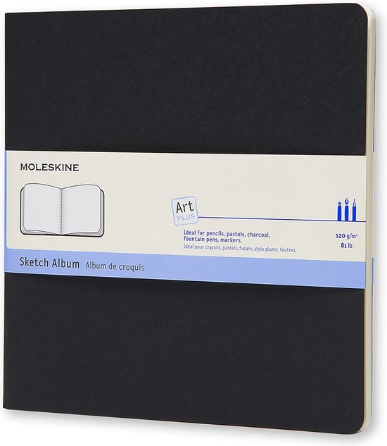 Zwart Moleskine Art Schetsboek met een lichtgele band waarop 'Sketch Album' staat.