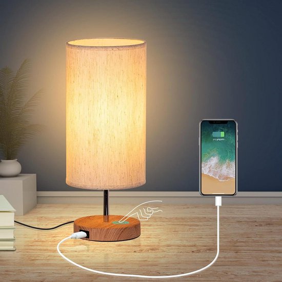 Nachtkastje lamp met aanraakbediening en USB-oplaadpoorten - 3 kleuren veranderende E27 lamp inbegrepen - dimbare tafellamp voor slaapkamer woonkamer kantoor