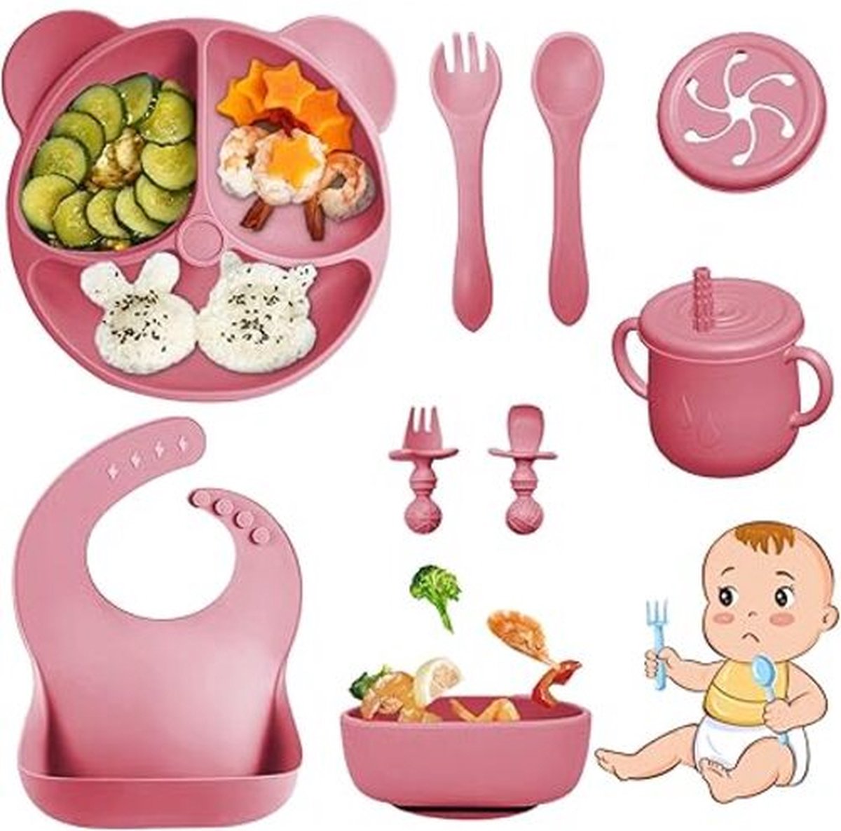 Goedkoopste Babyvoedingsset, 9-delig, van siliconen, BPA-vrij, antislip babyvoedingsset met zuignap, kom, kopje, slabbetje (donkerroze