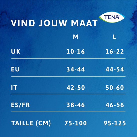 Maattabel met UK-, EU-, IT- en ES/FR-maten voor M en L, en taille in cm.