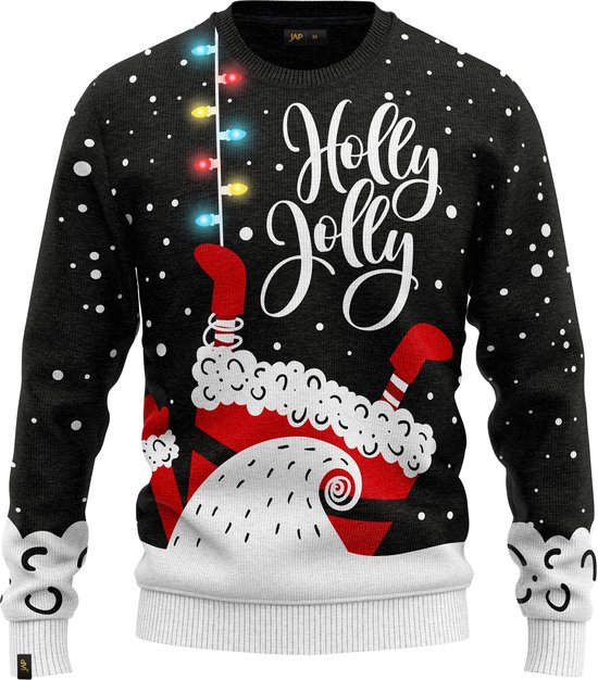 JAP Christmas Kersttrui met lichtjes (maat 4XL) - 100% Gerecycled - Kriebelt niet - Kerstcadeau volwassenen - Foute Kersttrui dames en heren XXXXL - Holly Jolly - Zwart
