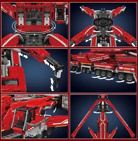 Montage-instructies voor de rode Liebherr kraan bouwset: cabine, poten, giek en uitschuiving.