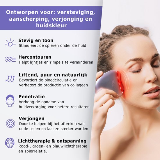 Premium EMS Gua Sha Gezichtsmassage & Beauty Apparaat met Lichttherapie - Depuff, Verjong & Contour - Blauw, Groen & Red Light Therapy - Huidverjonging, Facelift & Anti-Rimpel - LED Masker - Gezichtsroller - Skincare - Voor Alle Huidtypes