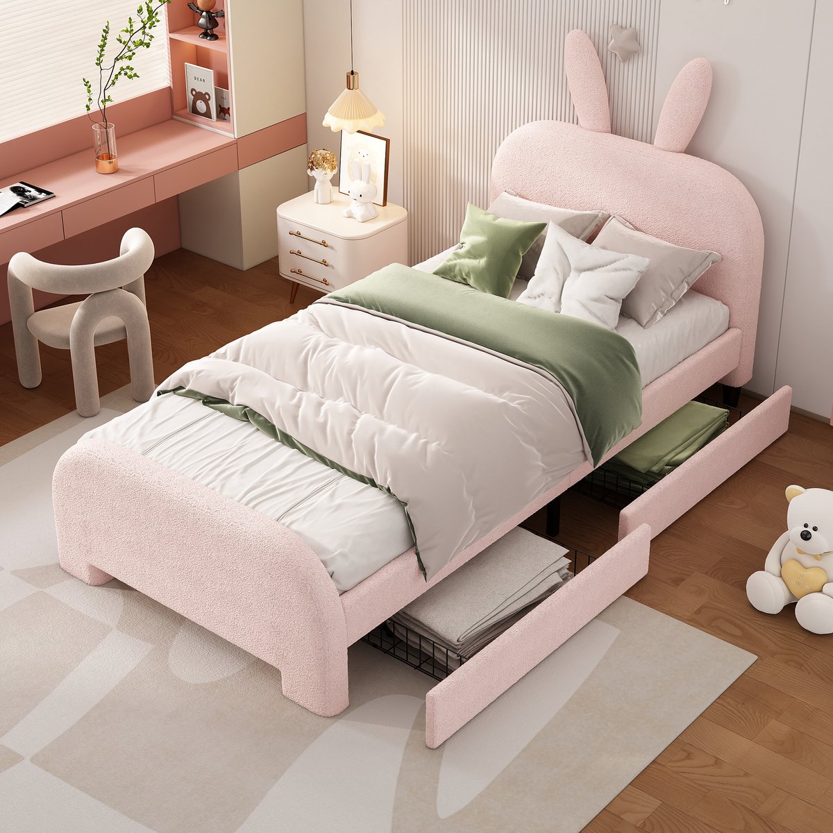 Sweiko Kinderbed 90x200cm Gestoffeerd bed wol en MDF cartoon konijnenvorm twee lades Roze(Geen matras)