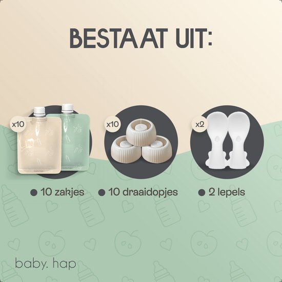 Baby.hap - Herbruikbare Moedermelk Bewaarzakjes - 10 stuks - Fruit & Groente Bewaarzakje met Sluitingsdop & 2x bijhorende Siliconen Lepels - 200 ml - (BPA Vrij) van Baby.hap — afbeelding 4
