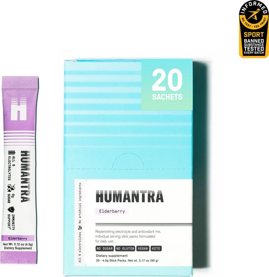 Doos en sachet met HUMANTRA elektrolytenmix Elderberry, 20 sachets, geen suiker, veganistisch, keto.