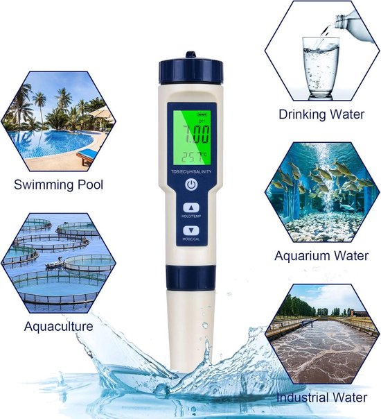 PH Mètre 5 En 1 TDS EC Salinité Température - Testeur Eau Avec Rétroéclairage Haute Précision