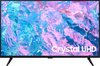 Samsung Crystal UHD 4K tv met zwarte rand en voet. Scherm toont een abstracte paars-roze afbeelding.