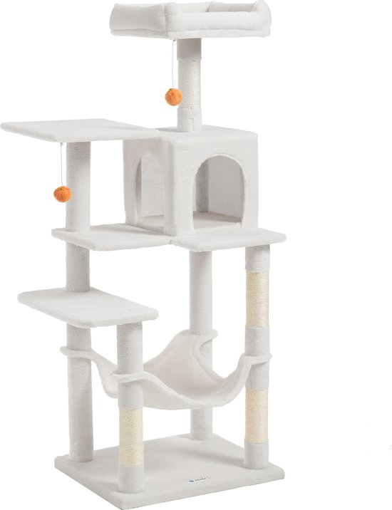 Arbre à chat blanc avec plusieurs plateformes, maisons, un hamac et des poteaux à griffer.