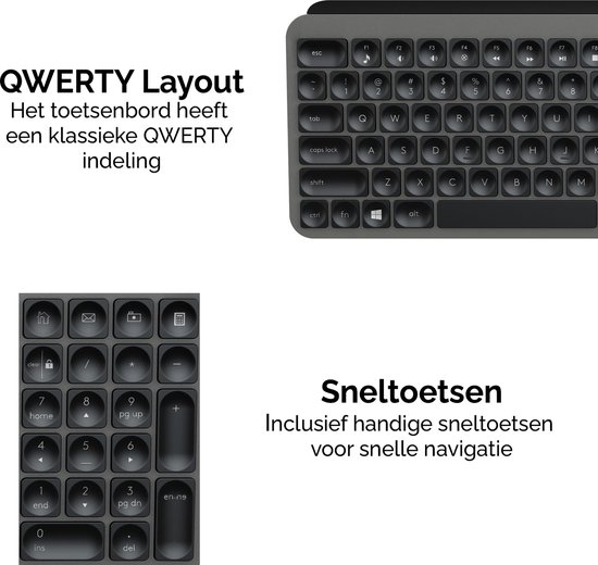 QWERTY-toetsenbord met numeriek gedeelte. Tekst "QWERTY Layout" en "Sneltoetsen".