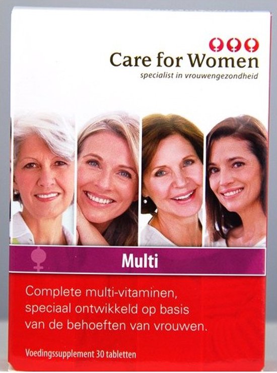 Care for Women Multi: Doos met 30 tabletten. Afbeelding van 4 lachende vrouwen.