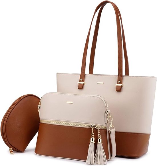 LOVEVOOK Handtas Dames Shopper Schoudertas Dames Handbags Set Women Grote Damestas Handtassen 3-Delige Set, Beige Bruin
