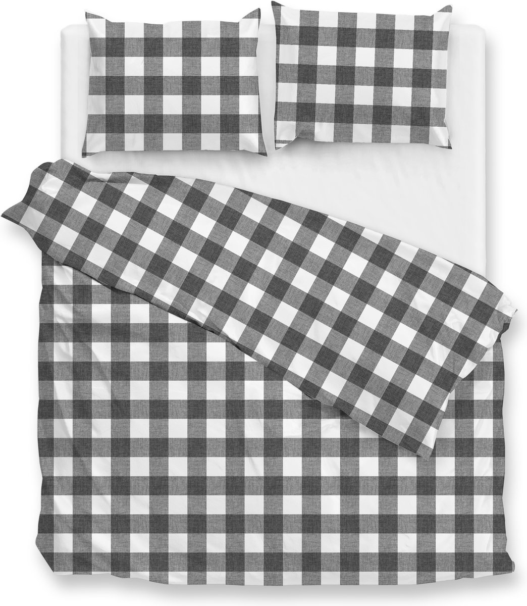 Zohome Dekbedovertrek Quattro-di-Lino - Bedlinnen met Ruiten - 260x220 - Grijs - Dekbedhoes van 100% Katoen