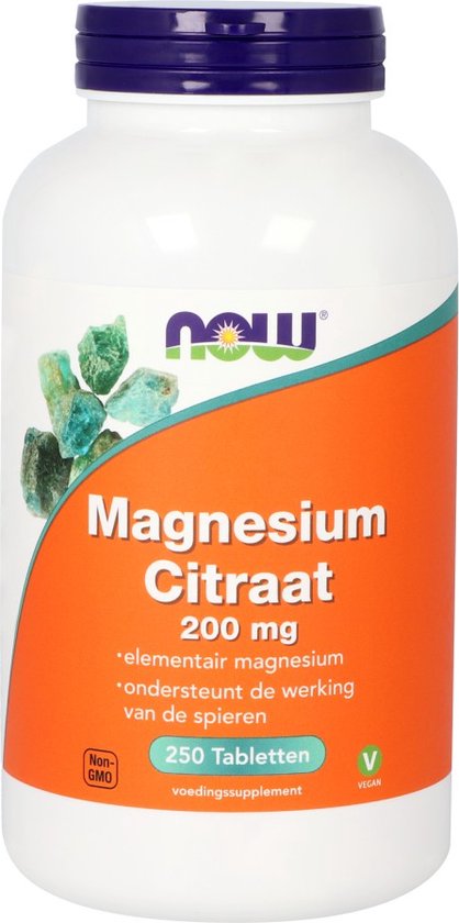 Now Magnesium Citraat 200 mg, 250 tabletten. Veganistisch voedingssupplement.