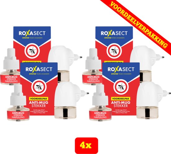Voordeelpak met 4 Roxasect muggenstekkers met navullingen. De verpakking is rood en blauw met witte stekkers.