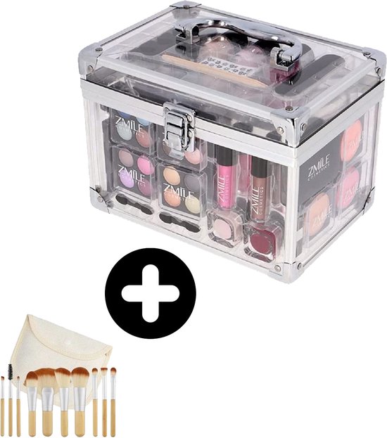 Transparante Make Up Koffer Meisjes Met Inhoud 42-Delig - Set Inclusief Kwasten & Reis Eui - Grote Make Up Koffer Kinderen - Gevuld - Cosmetica Koffer - Transparante Beautycase - 14 x 21 x 16 cm