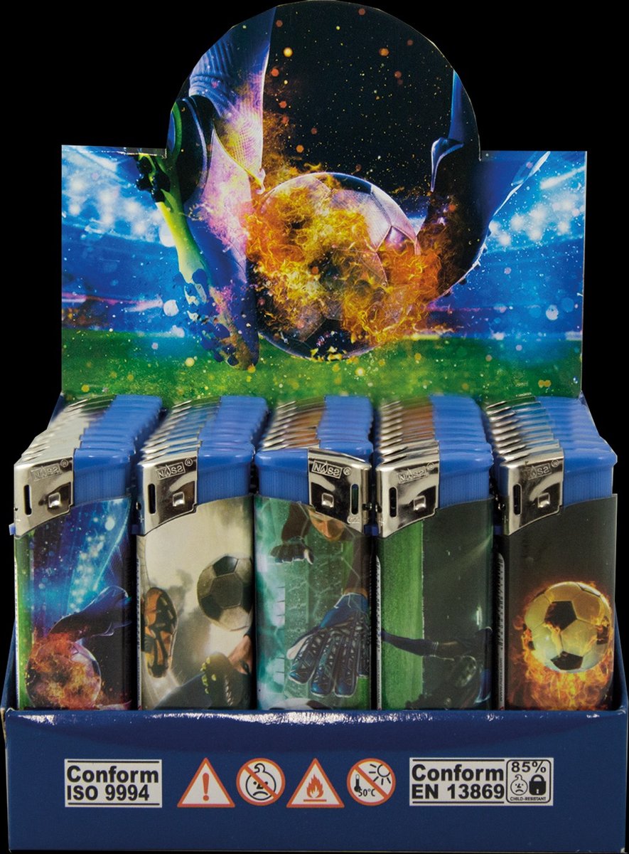 Goedkoopste Elektronische aansteker hervulbaar - Design Voetbal - Display 50 stuks - wegwerpaansteker - electronic lighter - klik aanstekers