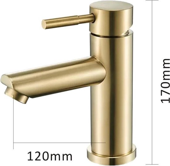 Gouden wastafelkraan, 170mm hoog, 120mm diep. Cilinder body met platte hendel.