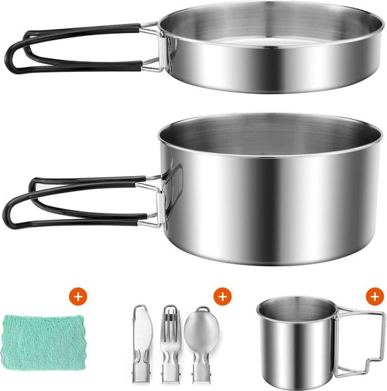 Camping Pan Pot Set met Cup en Servies - Draagbare RVS Cook Gear - Outdoor Reizen Kookgerei Kit voor Trekking Wandelen Picknick - Odoland camping pannenset
