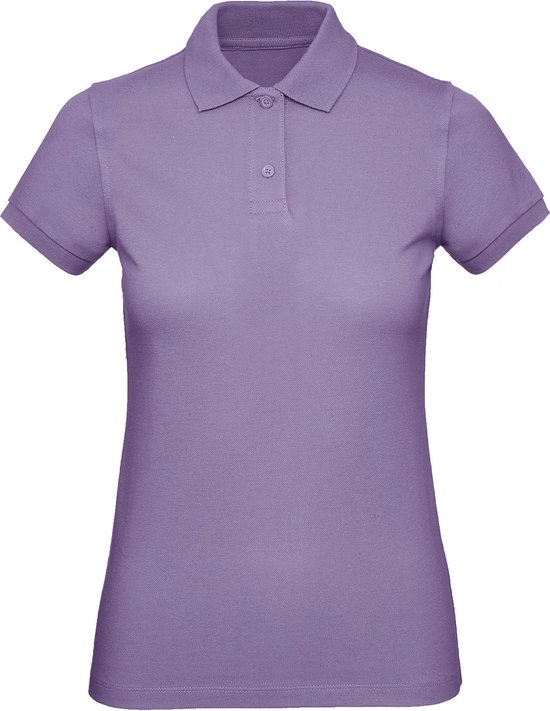 Voorkant van een lichtpaarse damespoloshirt met korte mouwen, kraag en twee knoopjes.