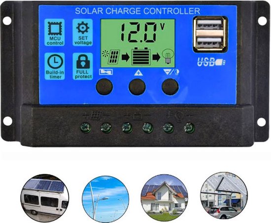 Solar laadcontroller met blauw display, USB-poorten en vier kleine illustraties van toepassingen.
