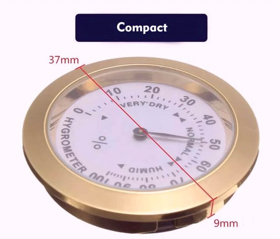 Compacte hygrometer met gouden rand, witte wijzerplaat, met afmetingen van 37mm en 9mm.