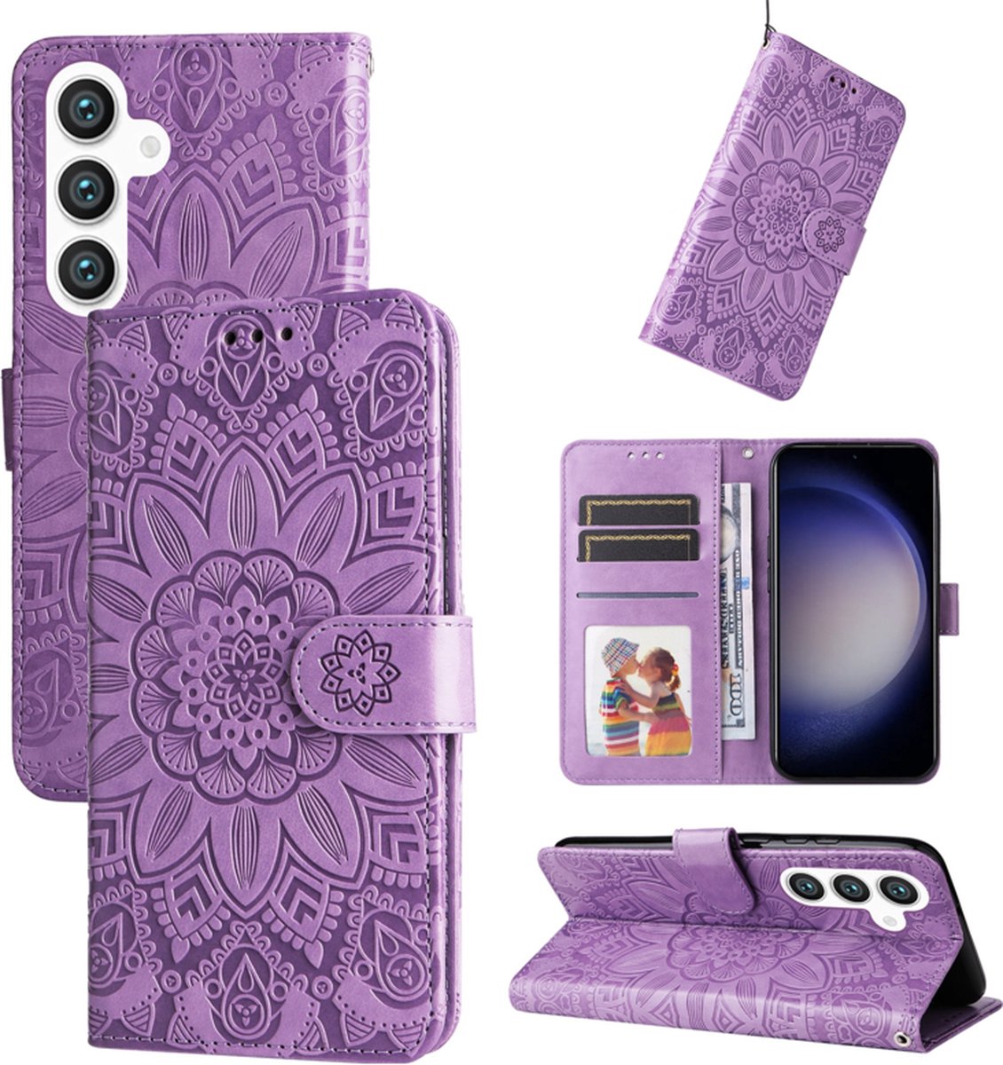 BookCover Hoes Etui geschikt voor Samsung Galaxy S24 - S25 - Paars - Bloem-Motief in Reliëf