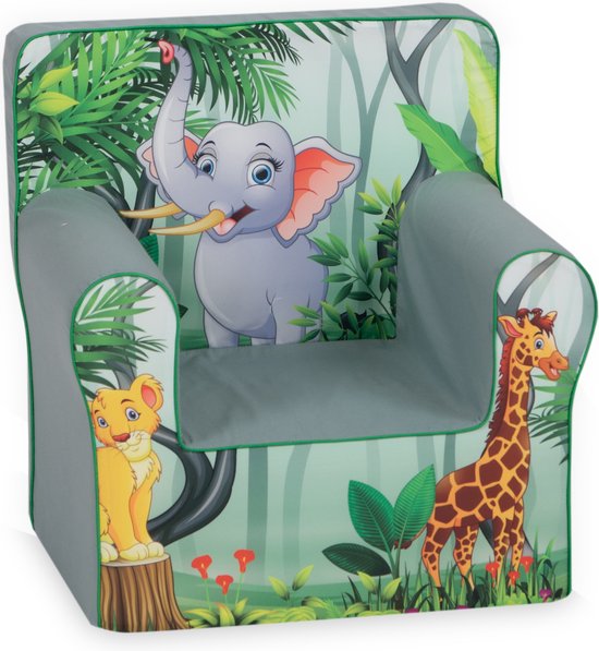 Peuterfauteuil met jungleprint met olifant, leeuw en giraf, met groene armleuningen.