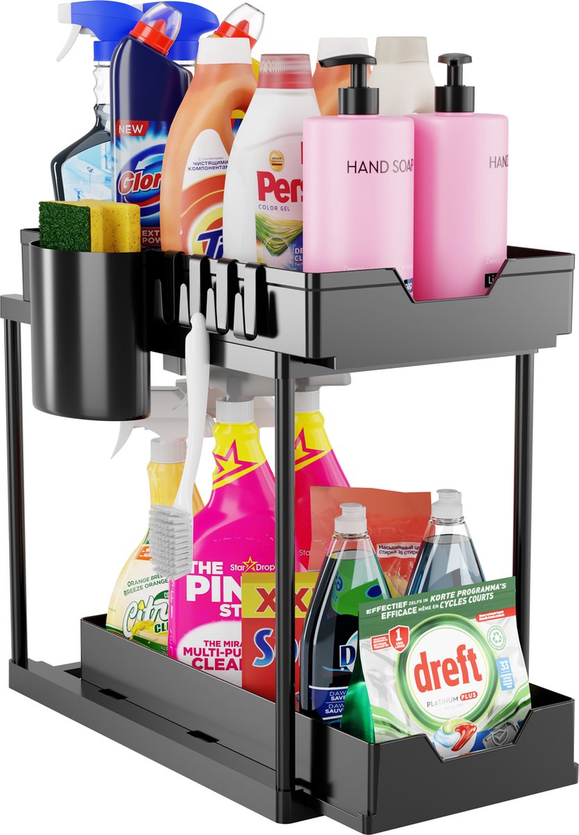 Posity Gootsteenkast Organizer - Keukenkastje Organizer - Schuiflade - Kast Organizer - Badkamer Organizer - Aanrecht Organiser - 2 Uitschuifbare Lades - Zwart