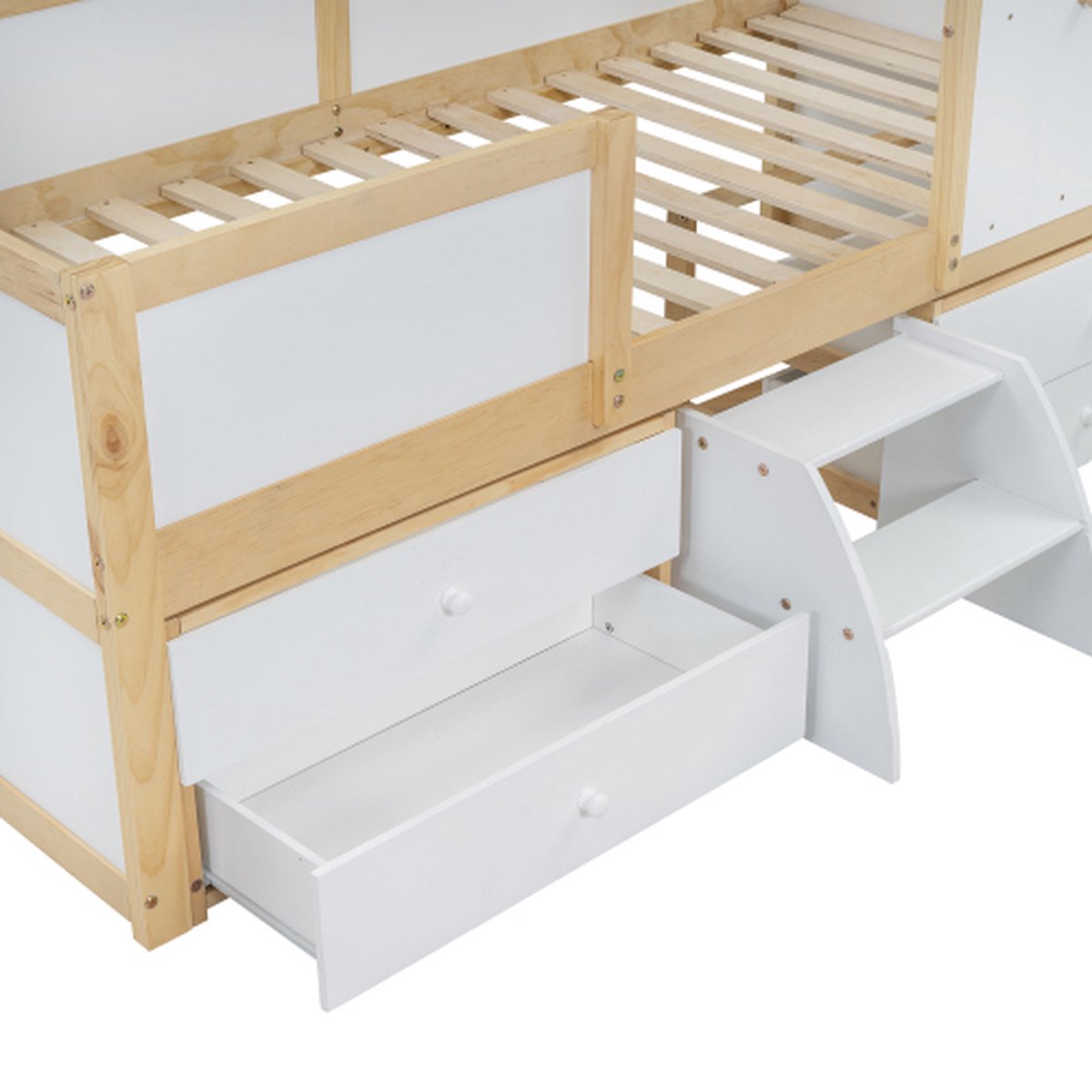 Kinderbed, halfhoog bed, huisbed met dak en raam, vierzijdig hek, met