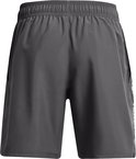 Achterkant van donkergrijze sportbroek met elastische tailleband.