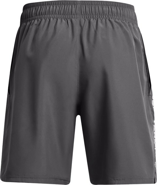 Achterkant van donkergrijze sportbroek met elastische tailleband.