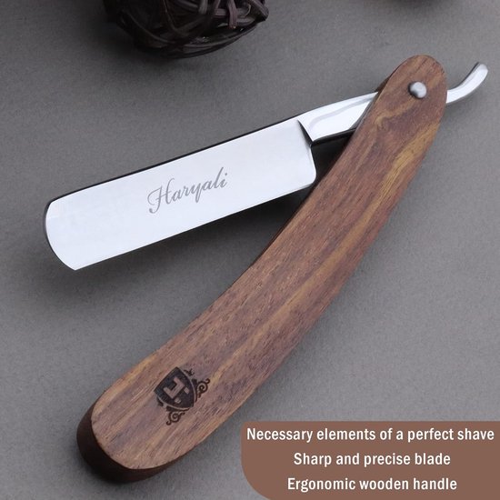 Haryali London 6-delige Scheerset voor Mannen – Open Scheermes, Scheerkwast, Leren Strop, Baardschaar en Stroppasta – Houten Opbergdoos - Cadeau voor hem