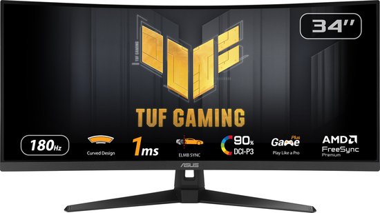 ASUS TUF Gaming VG34VQ3B - WQHD Ultrawide Gaming Monitor - 180Hz - FreeSync Premium - USB Hub - 34 Inch